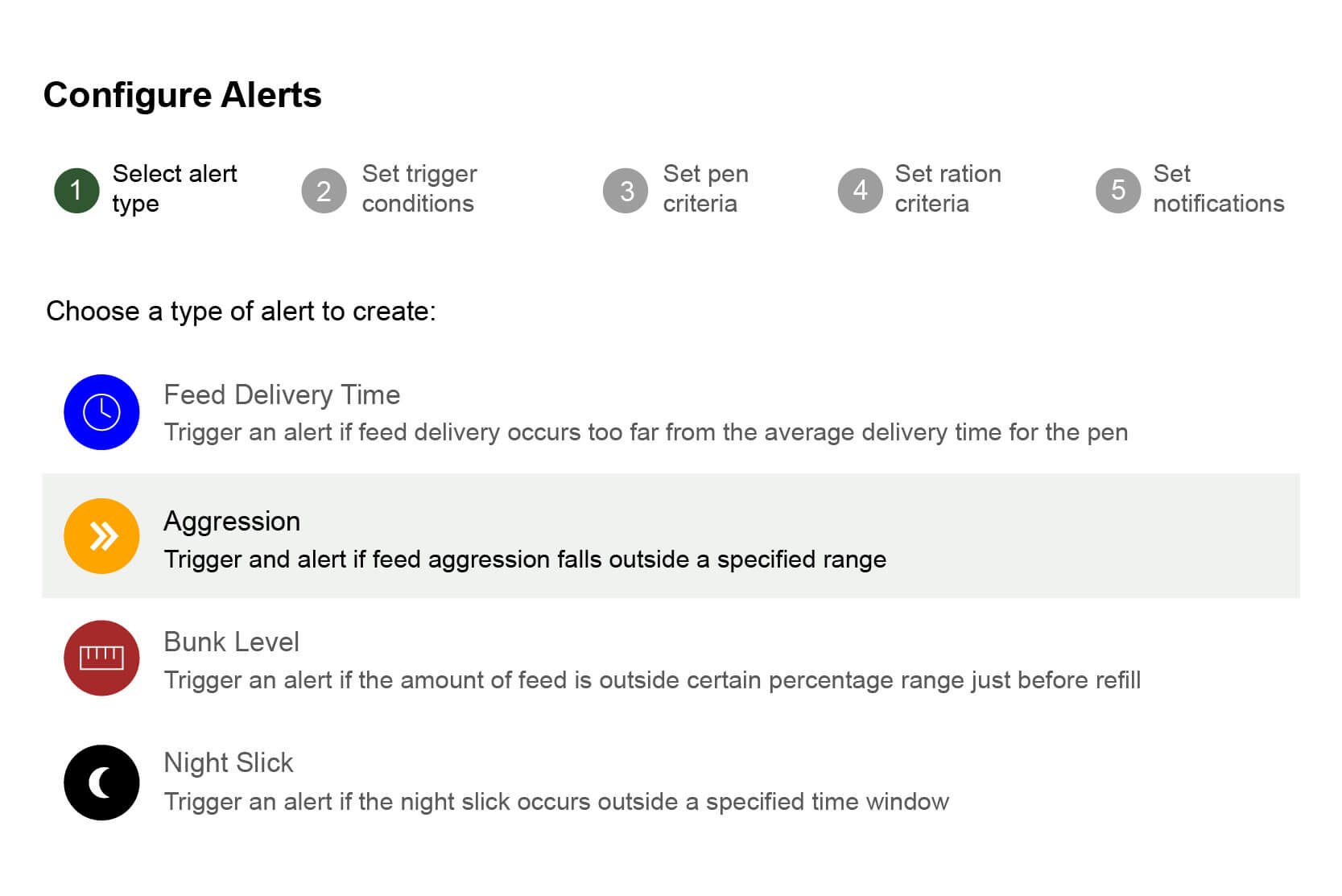 Screenshot of the setup screen for the bunk management alert system asking th user to select the type of alert they would like to create.